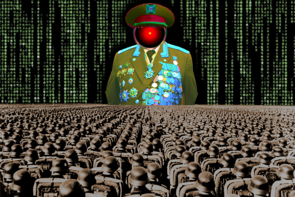 An altered image of the Nuremberg rally, with ranked lines of soldiers facing a towering figure in a many-ribboned soldier's coat. He wears a high-peaked cap with a microchip in place of insignia. His head has been replaced with the menacing red eye of HAL9000 from Stanley Kubrick's '2001: A Space Odyssey.' The sky behind him is filled with a 'code waterfall' from 'The Matrix.'



Image:
Cryteria (modified)
https://commons.wikimedia.org/wiki/File:HAL9000.svg

CC BY 3.0
https://creativecommons.org/licenses/by/3.0/deed.en

--

Raimond Spekking (modified)
https://commons.wikimedia.org/wiki/File:Acer_Extensa_5220_-_Columbia_MB_06236-1N_-_Intel_Celeron_M_530_-_SLA2G_-_in_Socket_479-5029.jpg

CC BY-SA 4.0
https://creativecommons.org/licenses/by-sa/4.0/deed.en

--


Russian Airborne Troops (modified)
https://commons.wikimedia.org/wiki/File:Vladislav_Achalov_at_the_Airborne_Troops_Day_in_Moscow_%E2%80%93_August_2,_2008.jpg

“Soldiers of Russia” Cultural Center (modified)
https://commons.wikimedia.org/wiki/File:Col._Leonid_Khabarov_in_an_everyday_service_uniform.JPG

CC BY-SA 3.0
https://creativecommons.org/licenses/by-sa/3.0/deed.en
