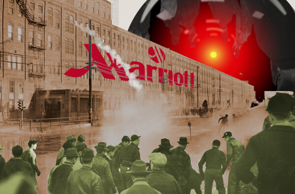 An old photo of strikers before a struck factory, with tear-gas plumes rising above them. The image has been modified to add a Marriott sign to the factory, and the menacing red eye of HAL9000 from Stanley Kubrick's '2001: A Space Odyssey' to the sky over the factory. The workers have been colorized to a yellow-green shade and the factory has been colorized to a sepia tone.


Image:
Cryteria (modified)
https://commons.wikimedia.org/wiki/File:HAL9000.svg

CC BY 3.0
https://creativecommons.org/licenses/by/3.0/deed.en
