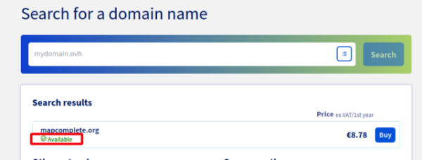 Scrennshot - ovh page with result of domain name search