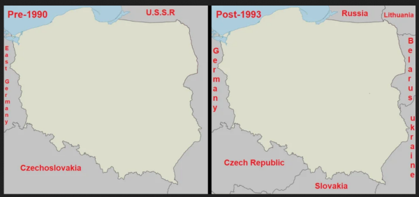 map showing Polands neighbors in 1990 and today. not a single country that bordered Poland in 1990 still exists.