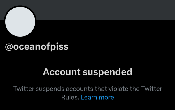 The Twitter "Account Suspended" page for my old Twitter account, @OceanOfPiss.