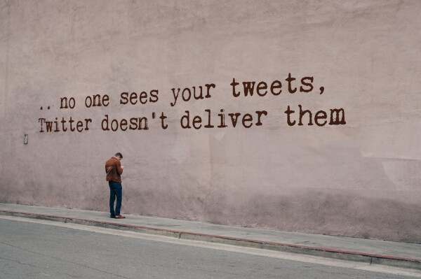 Standing alone in an alley typing typing typing, that no one sees, because Elon doesnt deliver messages that nazis dont like.

Your followers aren't getting your 'tweets'

If you 'tweet' to your 654 followers - 7 will see it, because they interact with you.

You cant ask your followers if they have seen your tweets, because the question isnt delivered.