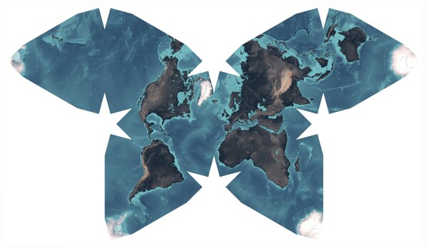 World map using the Waterman Butterfly projection. The map was created by Fabian Ehmel and Boris Müller.