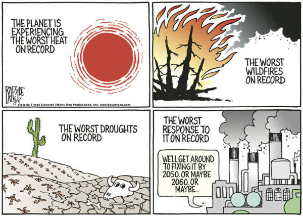 Four panel editorial cartoon. First panel shows a hot sun. Caption says: The planet is experiencing the worst heat on record. Second panel shows a forest fire. Caption says: The worst wildfires on record. Third panel shows dried-out cropland. Caption says: The worst droughts on record. Fourth panel shows big factories with smoke spewing out. Caption says: The worst response to it on record.