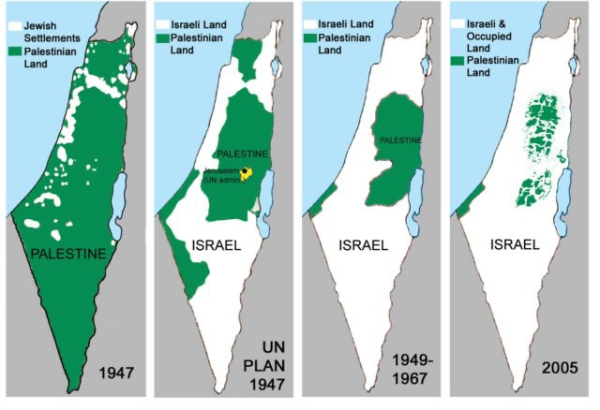 4 pictures of the map of Israel/Palestine it shows the occupation of Israel into Palestinian land starting in 1947 to 2005