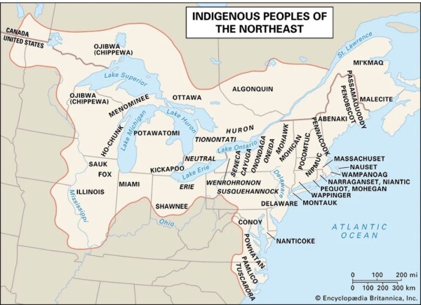 A map depicting the locations of indigenous communities of northeastern North America. These include the tribes of the Haudenosaunee confederacy in what is now New York State and the Huron (or Wendat) in what is now Ottawa province.