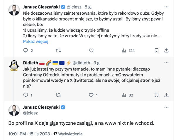 Dyskusja na twitterze, w której minister cyfryzacji Janusz Cieszyński tłumaczy, że o awarii mObywatela w trakcie wyborów Centralny Ośrodek Informatyki poinformował na X (twitterze), a nie na swojej stronie, bo X "ma gigantyczne zasięg a na www nikt nie wchodzi"