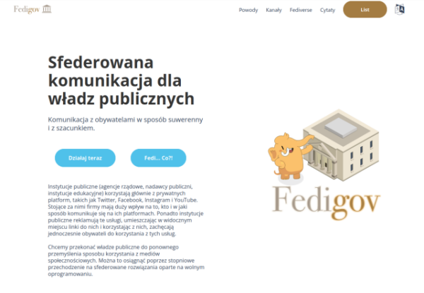 screenshot - polskie tłumaczenie strony https://fedigov.eu " Sfederowana komunikacja dla władz publicznych Komunikacja z obywatelami w sposób suwerenny i z szacunkiem. "