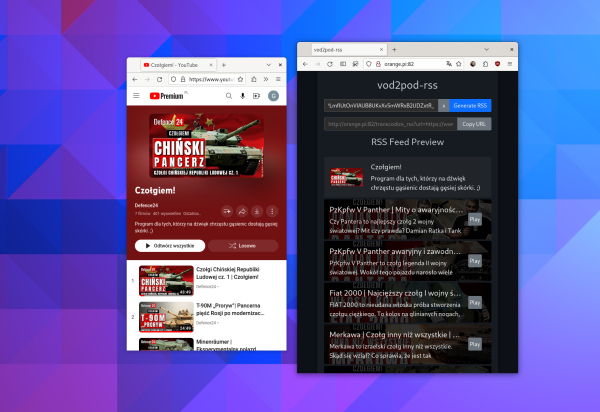 vod2pod-rss z przetworzoną playlistą Czołgiem! z kanału Defence24 na YouTube na kanał RSS.