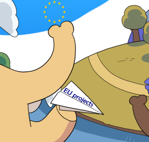 crop from Mastodon header picture with EU Projects on the paper plane and some EU stars above the trunk