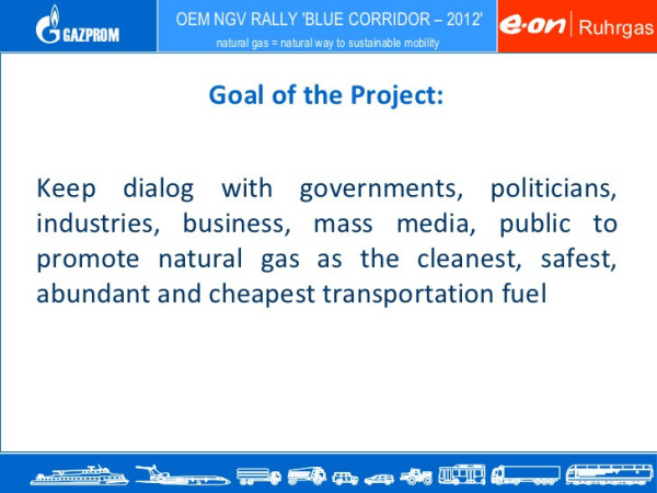 Slajd z niemiecko-rosyjskiej konferencji w 2015 roku gdzie przedstawiciele Gazpromu i niemieckiego E-ON opowiadają o "promowaniu gazu ziemnego jako czystego, bezpiecznego, dostępnego i taniego paliwa"