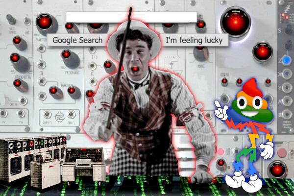 A cane-waving carny barker in a loud checked suit and straw boater. His mouth has been replaced with the staring red eye of HAL9000 from Kubrick's '2001: A Space Odyssey.' He stands on a backdrop composed of many knobs, switches and jacks. The knobs have all been replaced with HAL's eye, too. Above his head hovers a search-box and two buttons reading 'Google Search' and 'I'm feeling lucky.' The countertop he leans on has been replaced with a code waterfall effect as seen in the credit sequences of the Wachowskis' 'Matrix' movies. Standing to his right on the countertop is a cartoon mascot with white gloves and booties and the head of a grinning poop emoji. He is striped with the four colors of the Google logo. To his left is a cluster of old mainframe equipment in miniature.



Image:
Cryteria (modified)
https://commons.wikimedia.org/wiki/File:HAL9000.svg

CC BY 3.0
https://creativecommons.org/licenses/by/3.0/deed.en

--

djhughman
https://commons.wikimedia.org/wiki/File:Modular_synthe