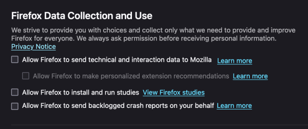 Screenshot of Firefox Privacy settings showing three unchecked checkboxes for collecting various kinds of data.