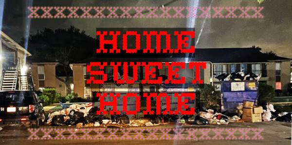 The exterior of Timber Ridge Apartments in Houston, a two story apartment block. The curb in front of the apartment block is mounded with overflowing dumpsters stacked three high, nearly obscuring the apartment building; these are ringed with chest-high piles of split garbage bags. Superimposed on the image, in needlepoint sampler font, is the legend HOME SWEET HOME."


Image:
Boy G/Google Maps (modified)
https://pluralistic.net/timberridge