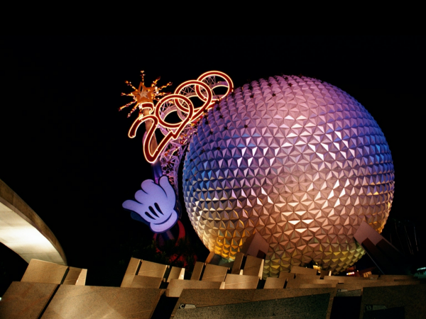 Disney's iconic Epcot ball (technically the Spaceship Earth geosphere) taken in January 2000 at night, long exposure.