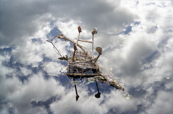 A shopping trolley upside down in still water, which is reflecting a cloudy sky. It looks as if the trolley is a weird flying machine.