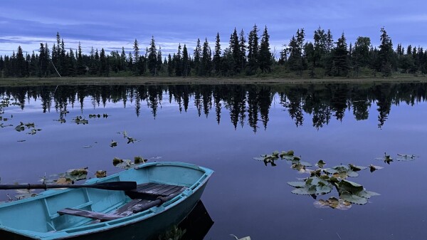 A boat on a lake. The boat is cyan; the sky, reflected smoothly in the lake, is almost purple. A line of trees is reflected in the lake.