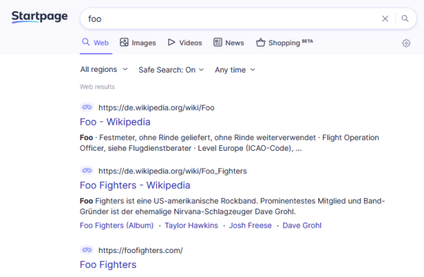 A screenshot of the Startpage search engine successfully showing its results for the term "foo" 