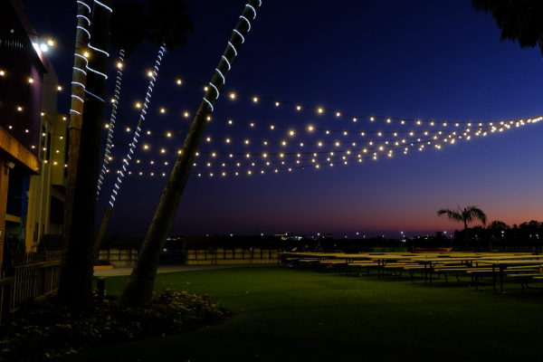 Late sunset view of a boardwalk / beach. String lights illuminate the foreground, while the sky displays a smooth gradient from almost black to deep sunset orange