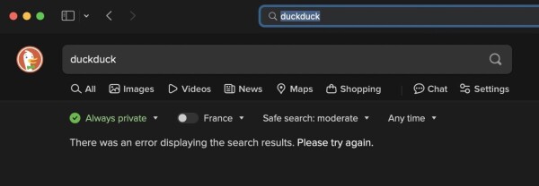 A screen-grab of DuckDuckGo displaying an error.  The service is apparently 'down'.
