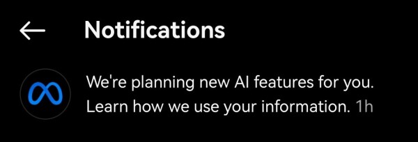 Zrzut ekranowy komunikatu w języku angielskim, wyświetlonego w aplikacji Instagram, zapowiadającego wprowadzenie AI.