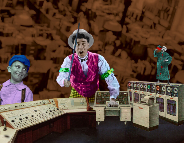 A suite of old, mainframe-style computers. Looming over them is a carny barker, waving a cane. Perched atop one of the mainframes is a skeleton in a robe, drinking a goblet of blood. On the right, a credulous, gap-toothed child in old-timey clothes grins in marvel at the barker's pitch. The background is an out-of-focus filing room filled with ranked filing cabinets and busy clerks.