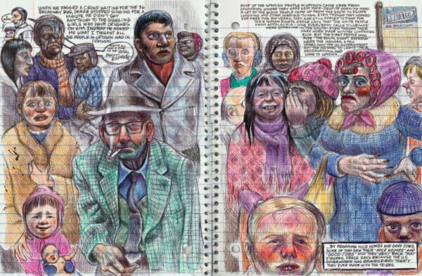 "A two-page spread from 'My Favorite Thing Is Monsters Book Two,' depicting a crowd of grotesque, R Crumb-esque characters from an uptown Chicago bus-stop.