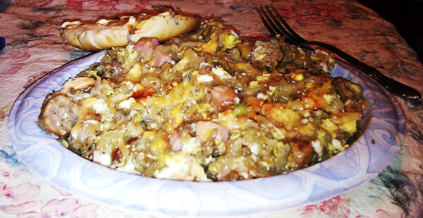 A 'garbage plate' - a western NY delicacy in which a large number of foods are mounded high on a paper plate in a delicious/disgusting slurry.

Image:
Jim's Photo World (modified)
https://www.flickr.com/photos/jimsphotoworld/5360343644/

CC BY-SA 2.0
https://creativecommons.org/licenses/by-sa/2.0/
