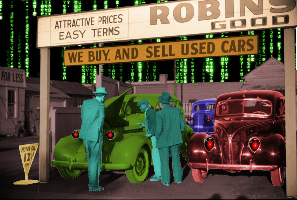 A Depression-era photo of a used car lot with three cars for sale. It has been hand-tinted. The sky has been replaced with a 'code waterfall' effect as seen in the credit sequences of the Wachowskis' 'Matrix' movies. All of the car headlights have been replaced with the hostile red eye of 'HAL 9000' in Kubrick's '2001: A Space Odyssey.'


Image:
Cryteria (modified)
https://commons.wikimedia.org/wiki/File:HAL9000.svg

CC BY 3.0
https://creativecommons.org/licenses/by/3.0/deed.en
