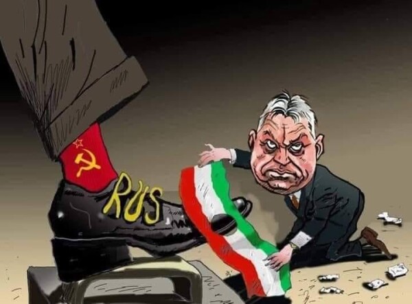 orban shoeshining the russian shoe with the flag of the 1956 hungarian revolution