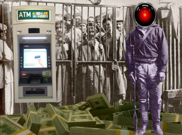 A black-and-white photo of a late 19th century French prison; prisoners crowd against the bars in the background while a guard stands in front of the cell, holding a rifle with a fixed bayonet. The guard's has been tinted purple and head has been replaced with the glaring eye of HAL 9000 from Kubrick's '2001: A Space Odyssey.' A mountain of jumbled, bundled US$100s crowd the bottom of the image. An ATM is superimposed on the bars.

Image:
Cryteria (modified)
https://commons.wikimedia.org/wiki/File:HAL9000.svg

CC BY 3.0
https://creativecommons.org/licenses/by/3.0/deed.en

--

Flying Logos (modified)
https://commons.wikimedia.org/wiki/File:Over_$1,000,000_dollars_in_USD_$100_bill_stacks.png

CC BY-SA 4.0
https://creativecommons.org/licenses/by-sa/4.0/deed.en

--

kgbo (modified)
https://commons.wikimedia.org/wiki/File:Suncorp_Bank_ATM.jpg

CC BY-SA 3.0
https://creativecommons.org/licenses/by-sa/3.0/deed.en
