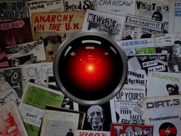 A collection of punk zines with the glaring eye of HAL 9000 from Kubrick's '2001: A Space Odyssey' in the center of the image.


Image:
Cryteria (modified)
https://commons.wikimedia.org/wiki/File:HAL9000.svg

CC BY 3.0
https://creativecommons.org/licenses/by/3.0/deed.en

--

Jake (modified)
https://commons.wikimedia.org/wiki/File:1970s_fanzines_(21224199545).jpg

CC BY 2.0
https://creativecommons.org/licenses/by/2.0/deed.en
