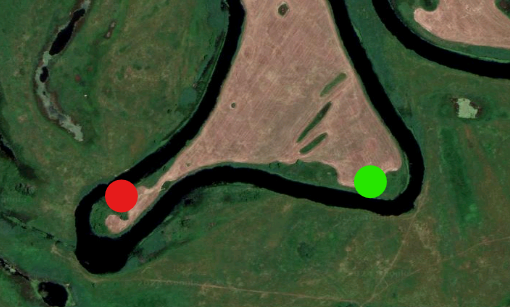 Seym river serpentine with location of the first (red) and the new pontoon bridge (green)