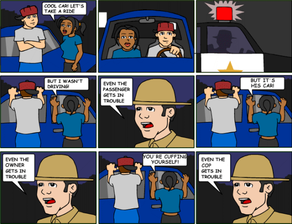 Frame 1: A girl and guy are standing in front of a car. The girl says "Cool car! Let's take a ride."

Frame 2: The guy is driving and the girl is in the passenger seat.

Frame 3: A cop car turns on its siren.

Frame 4: The guy and girl are next to each other outside of the car, with their hands up against the car. The girl says "But I wasn't driving!"

Frame 5: The cop who pulled them over says "Even the passenger gets in trouble."

Frame 6: Same art as Frame 4, but this time the girl is saying "But it's his car!"

Frame 7: Same art as frame 5, but the cop is saying "Even the owner gets in trouble."

Frame 8: Same art as Frame 4, but the girl is saying "You're cuffing yourself!"

Frame 9: Same art as Frame 5, but the cop is saying " Even the cop gets in trouble."