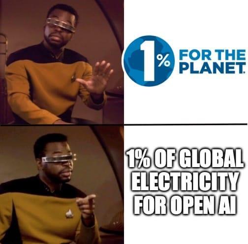 Geordi La Force meme where he's saying no to 1% for the planet and saying yes to 1% of global electricity for OpenAI