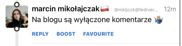 Zrzut ekranu z postem Marcina Mikołajczaka o treści „Na blogu są wyłączone komentarze 🤷🏻‍♀️”