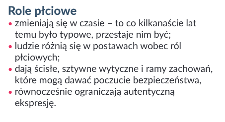 Role płciowe
-  zmieniają się w czasie – to co kilkanaście lat temu było typowe, przestaje nim być;
-  ludzie różnią się w postawach wobec ról płciowych;
-  dają ścisłe, sztywne wytyczne i ramy zachowań, które mogą dawać poczucie bezpieczeństwa,
-  równocześnie ograniczają autentyczną ekspresję.