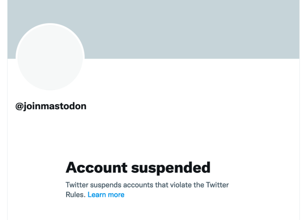 Screenshot of @joinmastodon Twitter account, with "Account suspended"