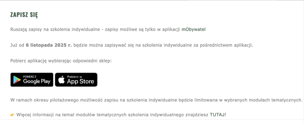screen ze strony z zapisami na szkolenia wojskowe dostępne tylko za pomocą aplikacji mObywatel i ikonkami GooglePlay i AppStore do pobrania