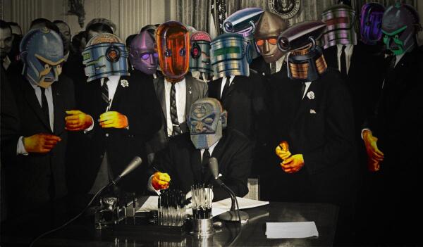 The famous photo of LBJ signing the Civil Rights Act. LBJ and the onlookers' heads have been replaced with the heads of 1950s pulp magazine robots.