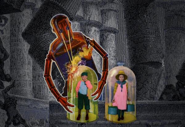 A killer 1940s robot zapping two large domes with eye-lasers; trapped under the domes are two children, taken from 1910s photos of child laborers; one, a little girl in a straw hat, is holding two heavy buckets. The other, a newsie with a shoulder bag, is picking his nose. The background is the collapsing pillars seen in Dore's engraving of The Death of Solomon.