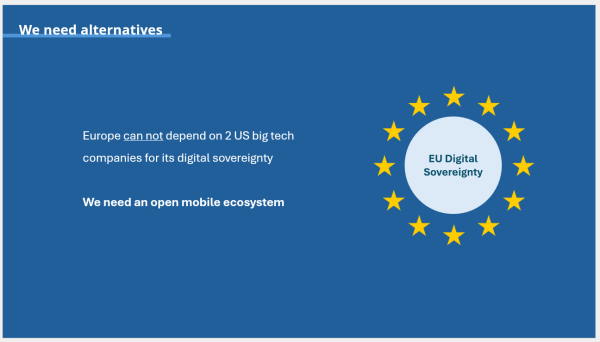 A slide from my powerpoint deck. The title says "We need alternatives." On the left of the slide is text that says "Europe can not depend on 2 US big tech companies for its digital sovereignty. We need an open mobile ecosystem." On the right is a circle with 'EU digital sovereignty' and the yellow stars from the european flag around them.
