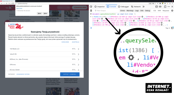 Zrzut ekranu narzędzi deweloperskich przeglądarki Firefox, wczytana strona polskieradio24.pl, okienko o cookies na stronie, w konsoli wyliczona liczba 1386 podmiotów na liście.