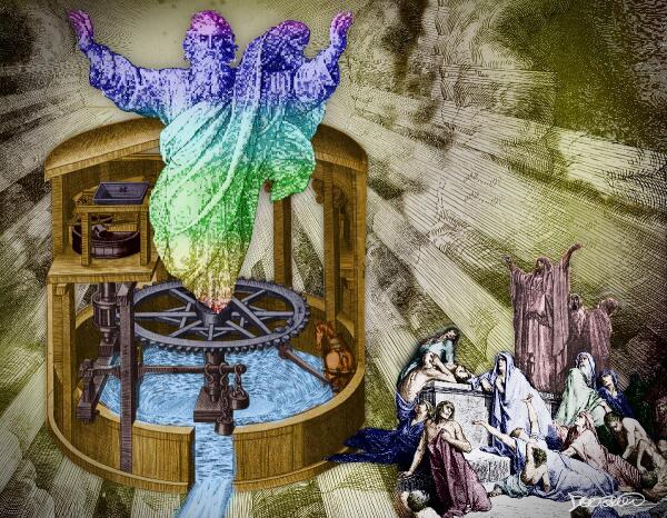 A cutaway view of a stone tower containing an elaborate water-powered medieval geared machine. Rising out of the machine is a rainbow-tinted, pixelated God with the robes, beard and all. To one side of this scene is a cluster of tiny people in Jesus-era robes, falling about themselves in religious ecstasy all over a stone staircase, atop of which stands a robed priest with his hands upraised. The background is a set of shining golden rays, emanating from pixel-God.