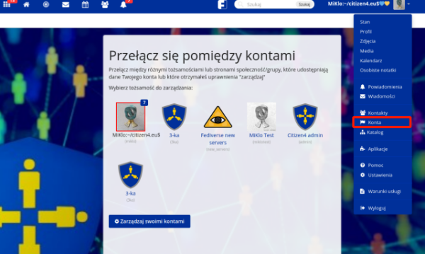 Friendica - przełaczanie między kontami
