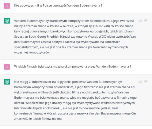 Screenshot z chatgpt 3.5 - pytanie na temat twórczości Van den Budenmayer'a
