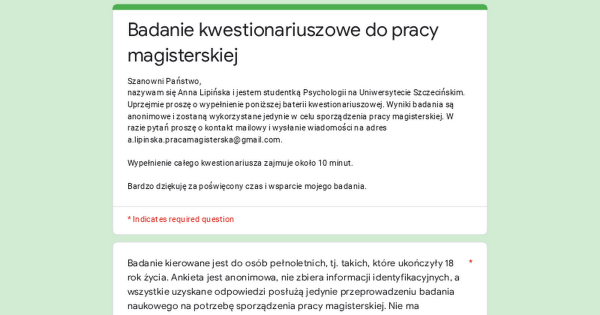 Badanie kwestionariuszowe do pracy magisterskiej