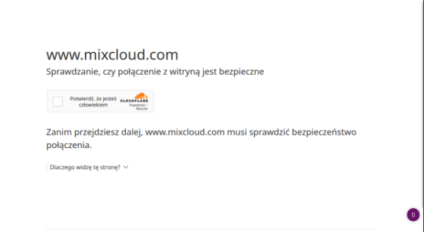 Screenshot - "bramka" z captcha od cloudflare przy próbie otwarcia mixcloud