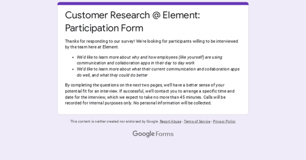 Customer Research @ Element: Participation Form