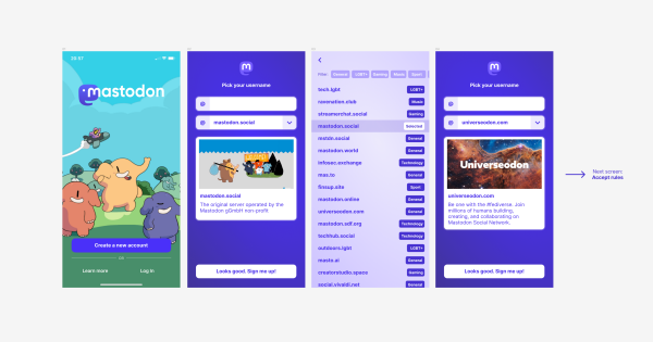 A design mockup shared on GitHub with 4 screens. The first has 'Create a new account' under the mastodon logo, followed by 'Learn more' and 'Login'. The second screen asks you to pick a username, it has a field for you to type your handle followed by a dropdown list with 'mastodon.social' written in it. The third screen shows that if you tap the drop down list, it opens up an instance browser, which you can filter by interest. A long list of all the different instances is below. The final screen shows that a different instance has been selected, the username now updated. It gives a brief summary of the instance that's been selected and indicates towards the next screen where you would accept rules. (Except that screen isn't present).